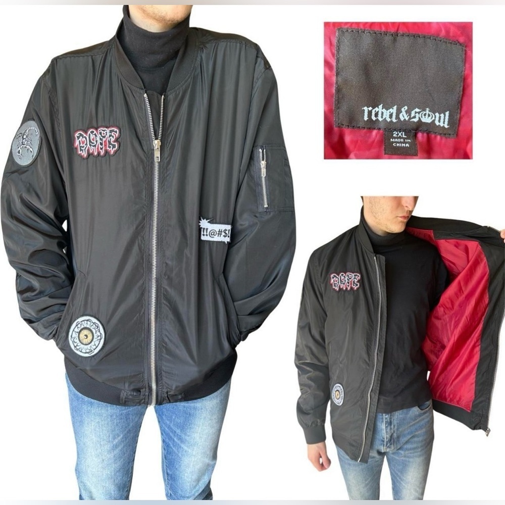 REBEL & SOUL Dope Punk Patch Windbreaker Black Full Zip Bomber Jacket Size 2XL